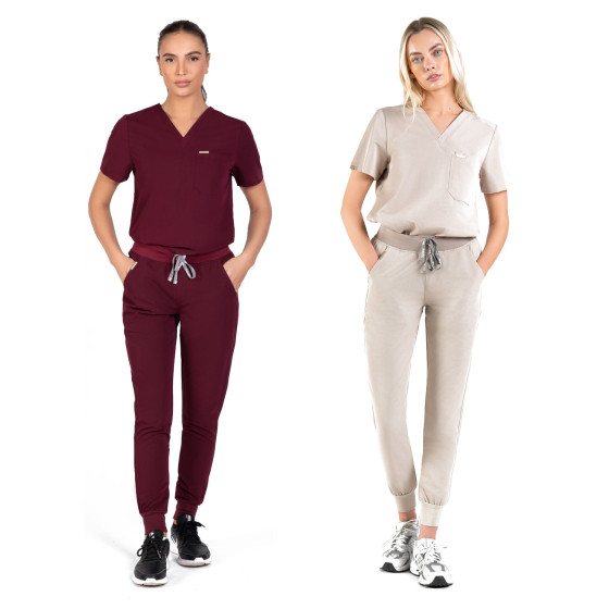 SKRUBZ - Skrubz Women's Yugen Jogger Scrub Pants - Burgundy and Sand Stone