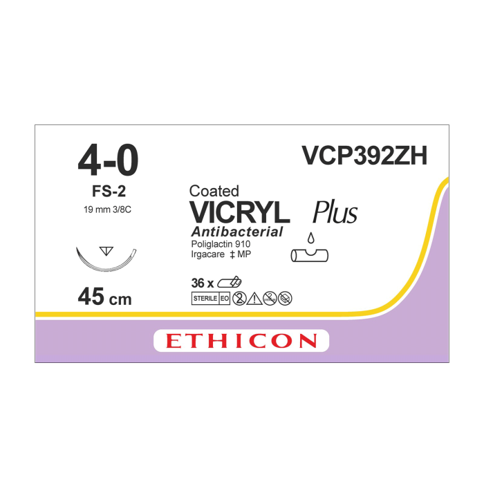Ethicon Vicryl Plus Sutures: 4-0 - 45cm - Violet - 19mm - 3/8 Circle (VCP392ZH) - Box of 36