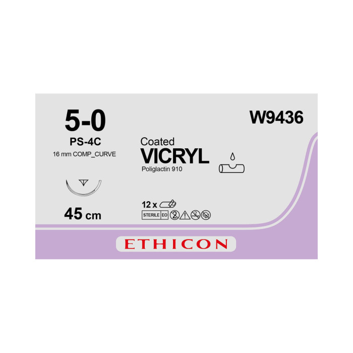 Ethicon Coated Vicryl Sutures: 5-0 - 45cm - Undyed - 16mm - (W9436) - Box of 12