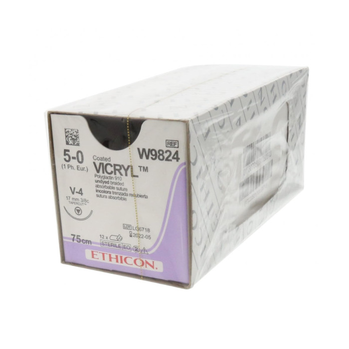 Ethicon Coated Vicryl Sutures: 5-0 - 75cm - Undyed - Taper Cut 17mm - 3/8 Circle (W9824) - Box of 12