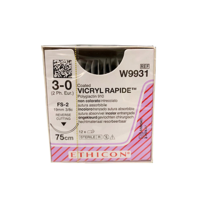 Ethicon Vicryl Rapide Sutures: 3-0 - 75cm - 19mm - 3/8 Circle (W9931) - Box of 12