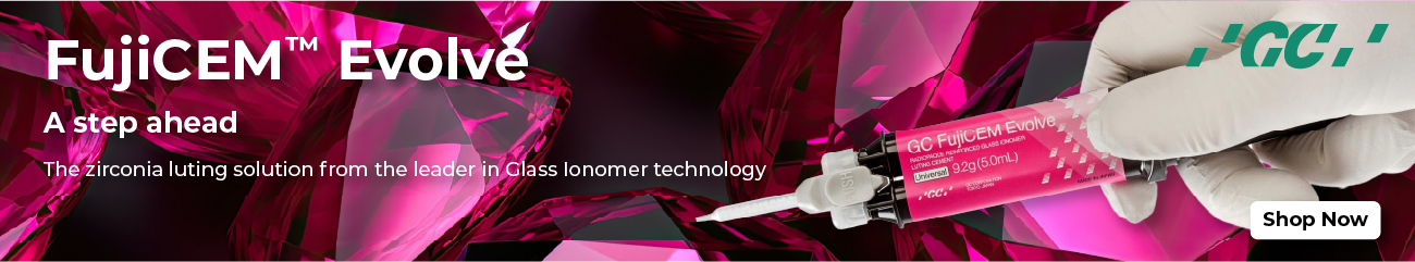 FujiCEM Evolve from GC is a resin modified glass ionomer that offers reliable performance to lute any retentive metal base or zirconia restorations, with easy placement. FujiCEM Evolve from GC is a resin modified glass ionomer that offers reliable performance to lute any retentive metal base or zirconia restorations, with easy placement.