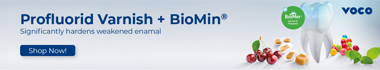 Profluorid Varnish with BioMin from Voco is a fluoride containing dental desensitising varnish, featuring biomin for significantly hardened enamel, helping to reduce sensitivity and strengthen teeth by supporting remineralisation with calcium and phosphat Profluorid Varnish with BioMin from Voco is a fluoride containing dental desensitising varnish, featuring biomin for significantly hardened enamel, helping to reduce sensitivity and strengthen teeth by supporting remineralisation with calcium and phosphat
